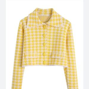 ZARA Yellow / White Houndstooth Tweed CROP Jacket SIZE M  Rare !